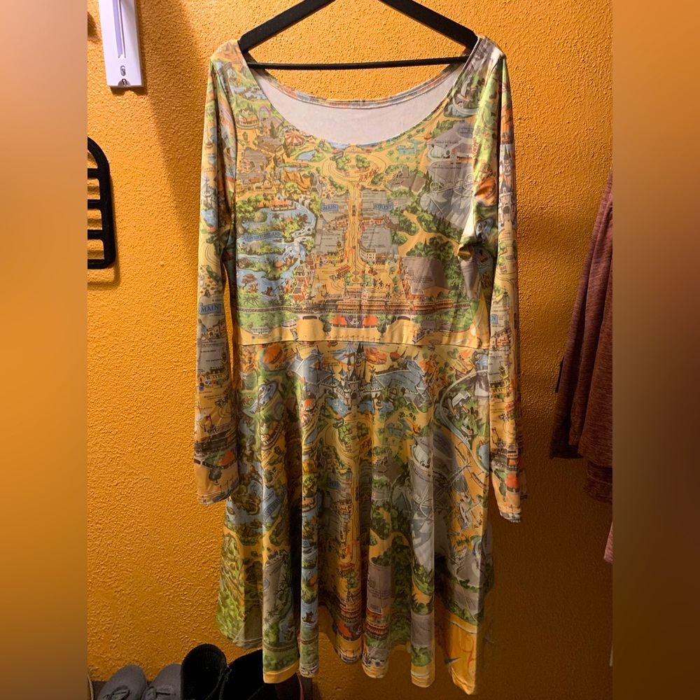 Plus size all-over print long-sleeve skater dress, vintage Disneyland Map, 3X